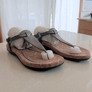Aetrex Metallic Silver T-Strap Cork Footbed Sandals
